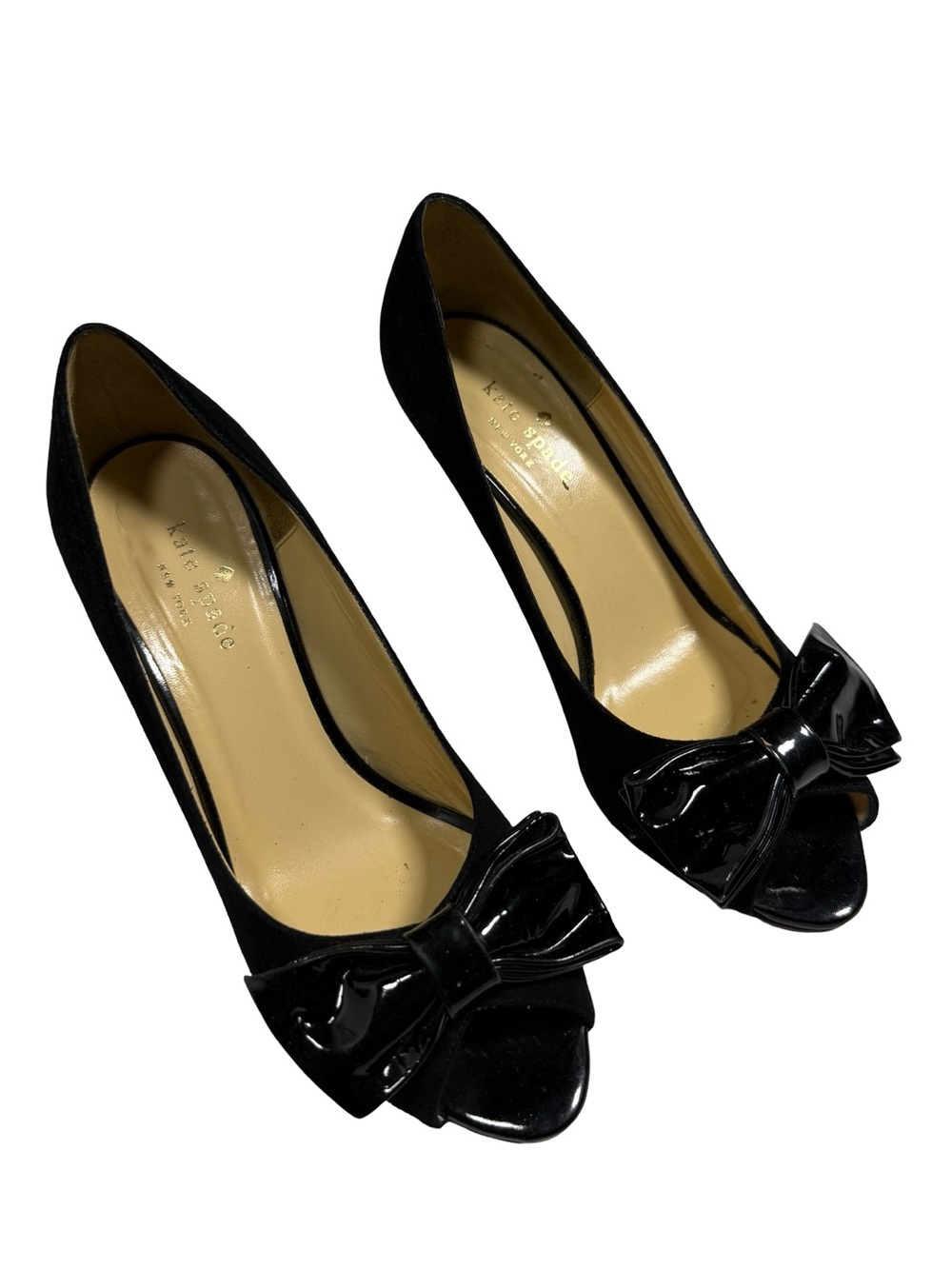 Kate Spade New York Womens 7.5 Black Suede Patent Bow Peep Toe Pumps Heels